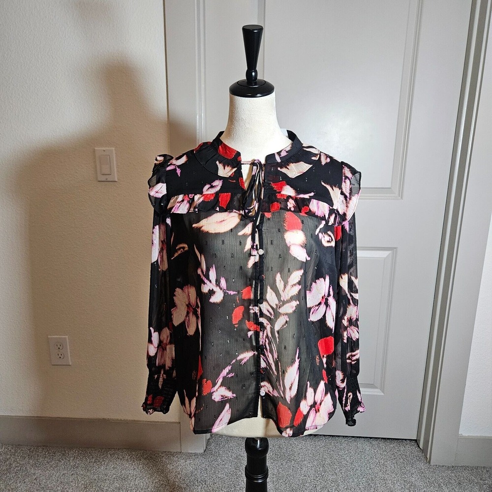 NWT Sanctuary Shirt Top Women Small Button Up Sheer Floral Leaf Black - NEW